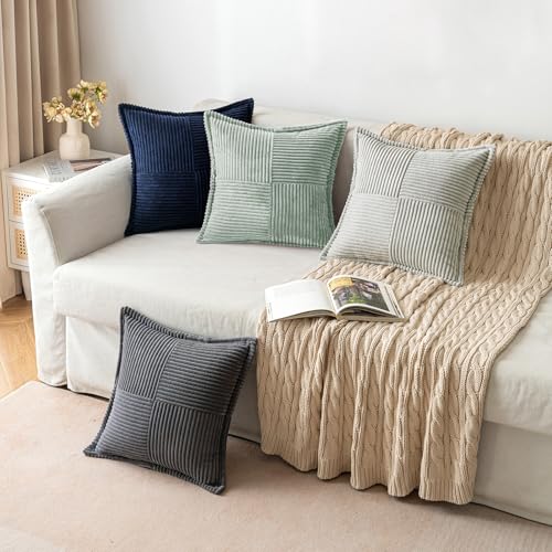 Image of MIULEE Spring Decorative Throw Pillow Covers for Couch Bed Livingroom 20x20 Inch Set of 2 Greyish Green Boho Accent Throw Pllows Broadside Striped Patchwork Soft Corduroy Summer Pillowcases