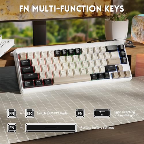 ZIYOU LANG×FREEWOLF M68 TKL bezprzewodowa klawiatura do gier, 3-trybowa kompaktowa klawiatura membranowa 2,4 GHz/BT5.1/USB-C, 19 klawiszy Anti-Ghosting, nasadki klawiszy Spherica-Biały
