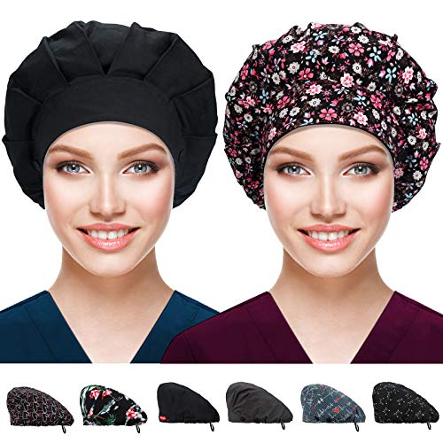 ABAMERICA 2 Pack Bouffant Caps with Button and Sweatband, Adjustable Scrub Caps for Women Men, One Size Multi Color A-42 Single Layer Satin Blk + Blk Single Layer