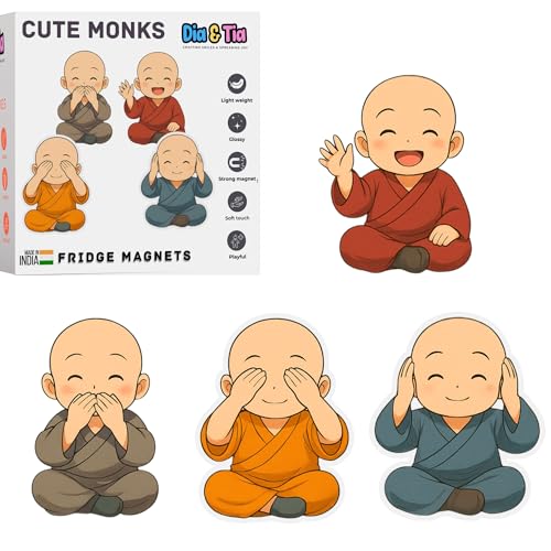 Image of Dia & Tia - Set of 4 Cute Monk Fridge Magnets - Spiritual Buddha Theme Decor for Fridge, Office, Meditation Corner, Metal Almirah - Peaceful Gift for Home