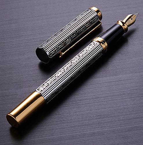 Xezo Legionnaire 18-Karat Gold, Platinum Plated Medium-Point Fountain Pen, Art Nouveau Style, Diamond-Cut And Finely Hand-Etched, Silver, Gold, Black (Legionnaire 500 F-1) #TOP6