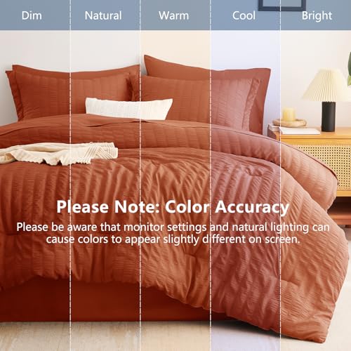 Image of CozyLux Oversized King Comforter Set with Sheets, 7 Pieces 120 inchx98 inch Burnt Orange Seersucker Bed in a Bag, Terracotta Soft Bedding Sets with Down Alternative Comforter, Sheets, Pillowcases & Shams