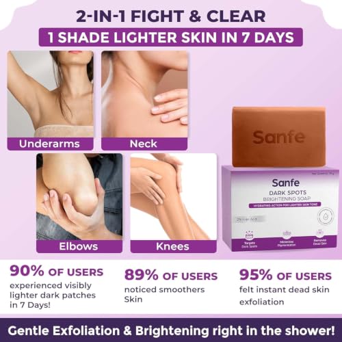 Image of Sanfe Dark Spots Brightening Skin Lightening Soap Pack Of 3 | 2% Kojic Acid, Hydrating & Vitamin C | Anti Aging & Sun Protection | Skin whitening soap for women| Tan Removal Hyperpigmentation & Glow Moisturizing Bath Soap for Men & Women Glowing Skin
