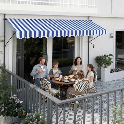 UISEBRT Klemmmarkise Balkon 300cm breit - Markise mit Handkurbel Höhenverstellbar Balkonmarkise ohne Bohren, UV-Schutz, Sonnenschutz, Wetterfest (300 x 120cm, Blau-Weiß)