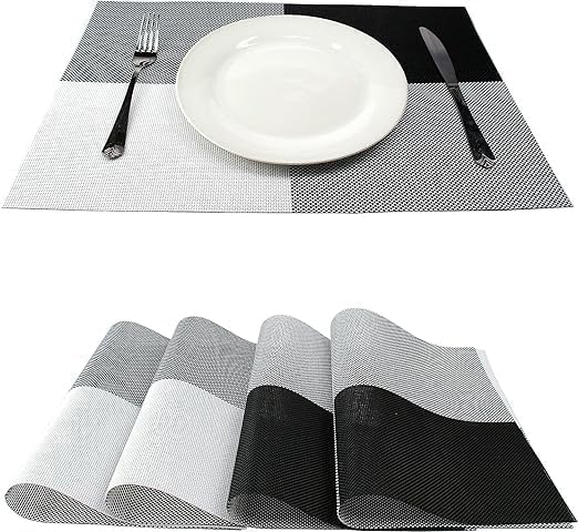Feinerman 6 Pcs Elegant Washable Dining Table Placemats Set, Non-Slip Heat Resistant Kitchen Mats, PVC Woven Vinyl Place Mats for Dinner Table, Anti-Skid Easy to Clean Table Décor (Black & White)