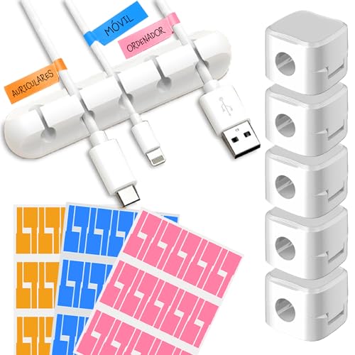 Pack 5 Clip Organizador Cables Magnético más Regleta Pasacables - Ajustable Organizador Cables Escritorio con Etiquetas Adhesivas - Apto para Cables de Carga, HDMI, Escritorio, Mesitas de Noche