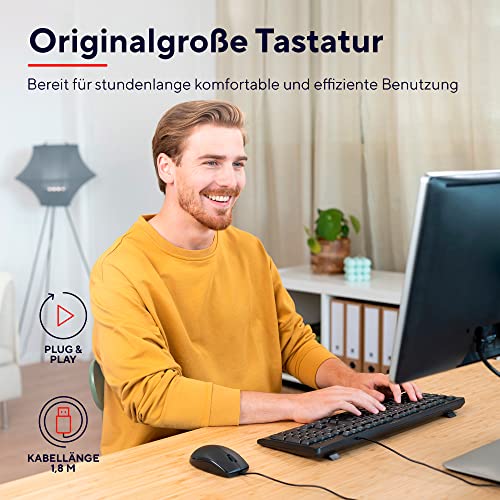 Trust Taro Kabelgebundene Tastatur, Deutsches QWERTZ Layout, Leise Tasten, Spritzwassergeschützt, USB-Anschluss, 1.8 m Kabellänge, PC Tastatur für Computer, Laptop, Mac, Windows, macOS – Schwarz