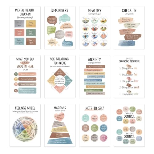 Arte Della Parete Sulla Salute Mentale – Poster Di Salute Mentale, Poster Di Decorazione Emolliente Per L'Aula | 12X Tabelle Portatili Di Emozioni Di Calma Psicologica Rivestiti, Arredamento Della