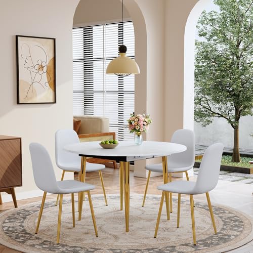 Image of Extendable Round Dining Table Set for 4, 42-54 inch Expandable Dining Table with 4 Upholstered Chairs, Engineered Wood Top, Space-Saving Round Kitchen & Dining Room Table Set(1 Table + 4 White Chairs)
