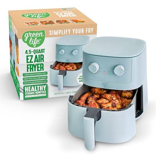 GreenLife 4.5QT Air Fryer, Mechanical Dial Controls, PFAS-Free Ceramic Nonstick Drawer, Adjustable Temp & Timer, LED Indicator, Oil-Less Cooking, Dishwasher Safe, Compact Family Size, Blue
