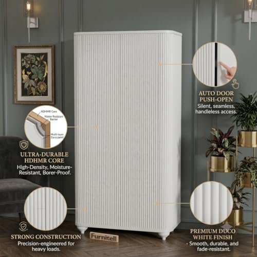 Image of 2 Door Wardrobe Almirah for Bedroom, 72 Inch | Premium HDHMR Wooden Cupboard with Hanging Rod & Storage Compartments | Fluted Push-to-Open Clothes Organizer Cabinet | White Finish