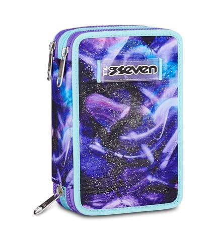 Seven Astuccio Scuola Elementare, 3 scomparti, Medie, con Matite, Pennarelli, Penne, 3 Zip, Lovepass, Bambina, Ragazza, viola/blu