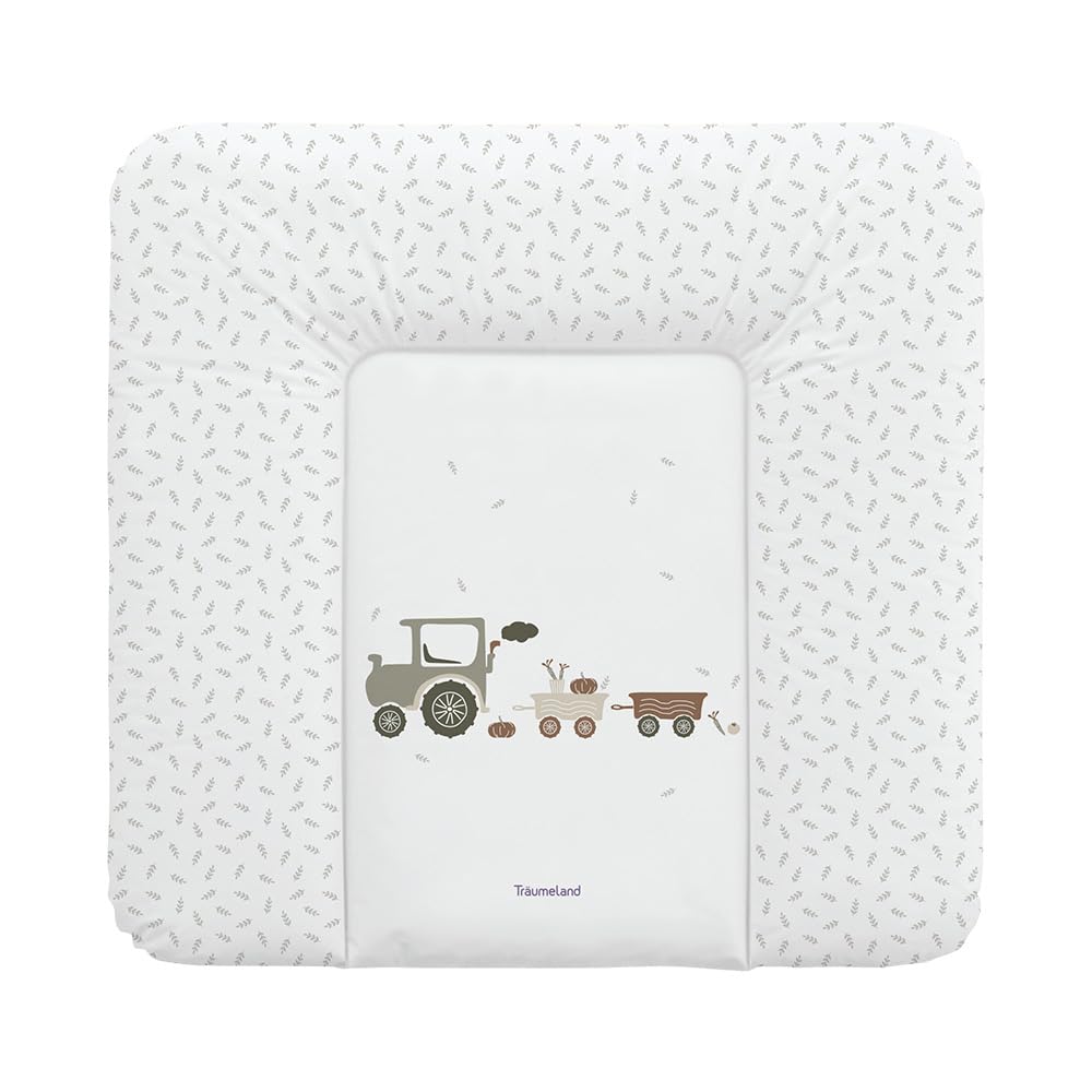 TRÄUMELAND - Little Farm grün | Wasserabweisende und abwischbare Wickelauflage mit süßen Traktoren |Wickeltischauflage ausThermo-Vlies und phtalatfreie PVC. 75x75 cm