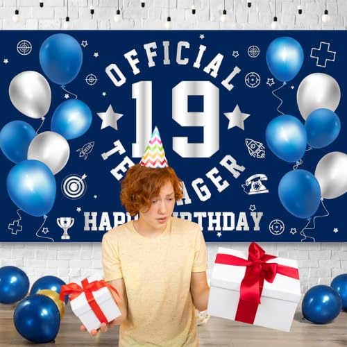 Image of Happy 19th Birthday Banner Backdrop 19th Birthday Decorations for Boy | Large Official Teenager 19th Backdrop 19 Year Old HBD Party Decorations Supplies, Navy Blue Silver