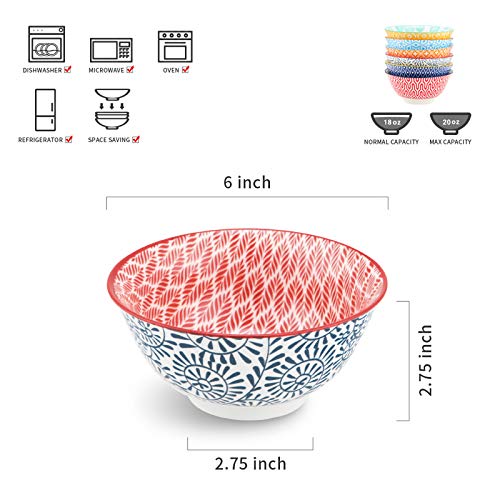 Selamica Porcelain 20oz Cereal Bowl Set - Set of 6, 6 inch Soup Bowls, Ceramic bowls for Cereal, Soup, Salad and Pasta, Colorful bowls