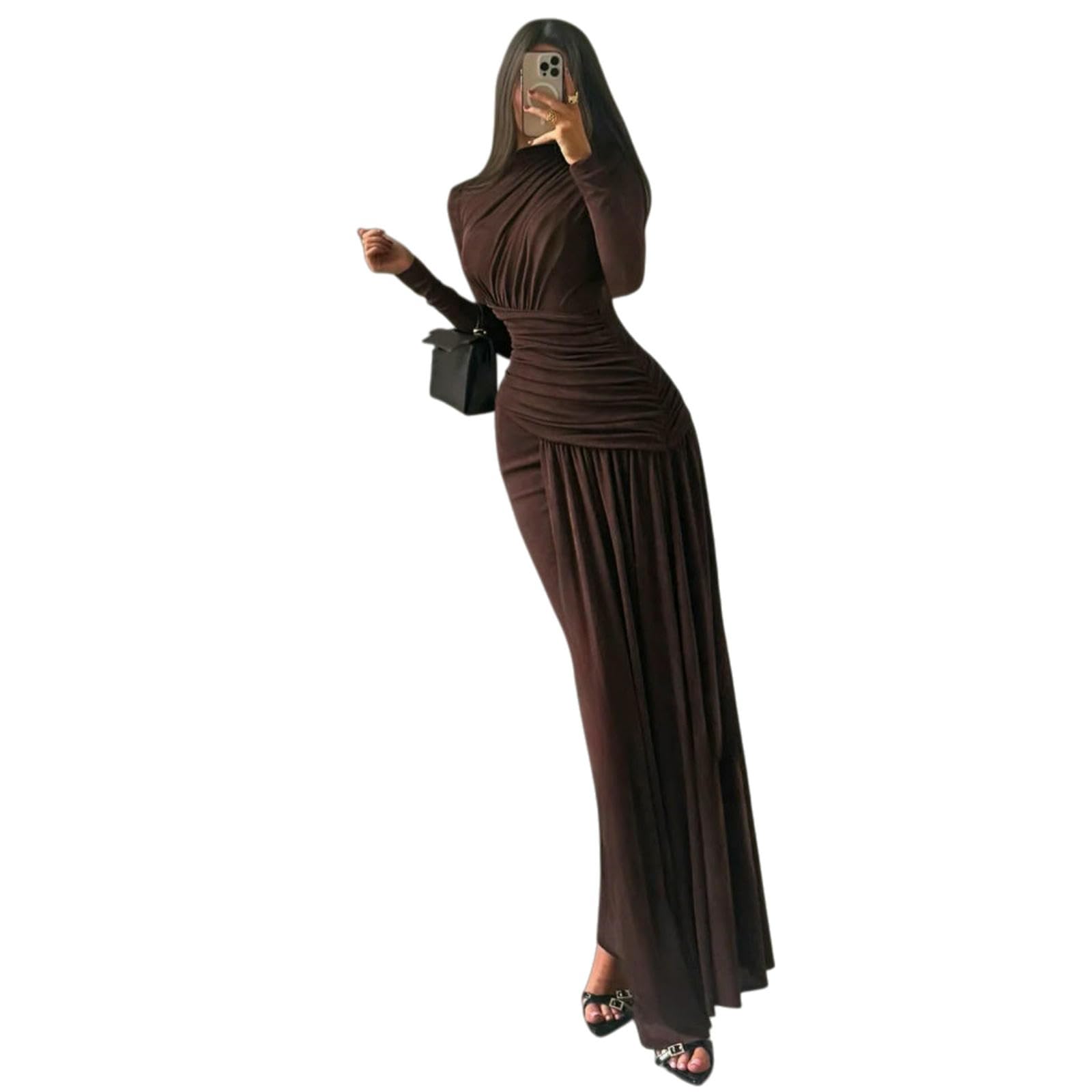 Vestito Donne Alto Collo Ruched Maxi Abito, Manica Lunga Bodycon Abito da Sera con Drappato Dettaglio, Elegante Formale Rosa per Il Wedding Ospite Cocktail Party-Burgundy-s