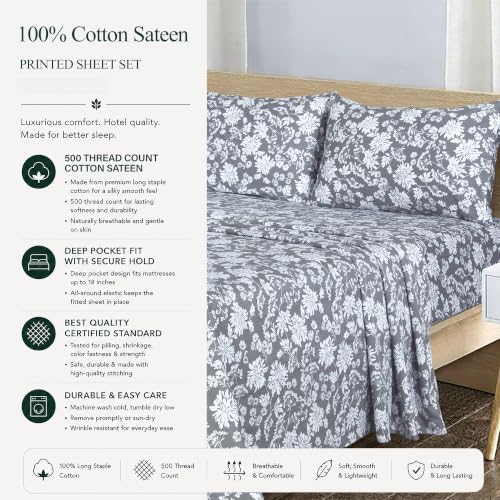 Image of Feather & Stitch Printed 500 TC Split King Size Sheet Set, 5 Piece Bed Sheets Set, 2 Twin Fitted Sheet, 1 King Flat Sheet & 2 King Pillowcases, 18 inch Deep Pockets Sateen Weave - Grey Botanical