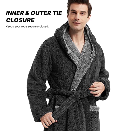Akakios Mens Warm Fleece Robe With Hood Soft Plush Robes Full Length Long Luxurious Bathrobe With Pockets, Big And Tall Bath Robe For Men (L, Dark Gray) #TOP3