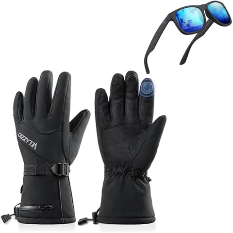 VELAZZIO Ski Gloves (Black, L) + Polarized Sunglasse Black Frame Blue Lens Cover