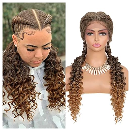 Lexqui 24" Dutch Braided Wigs for Black Women Swiss Synthetic Lace Front Braided Wigs with Baby Hair Natural Looking Ombre Honey Blonde Cornrow Braids Wig with Curls End