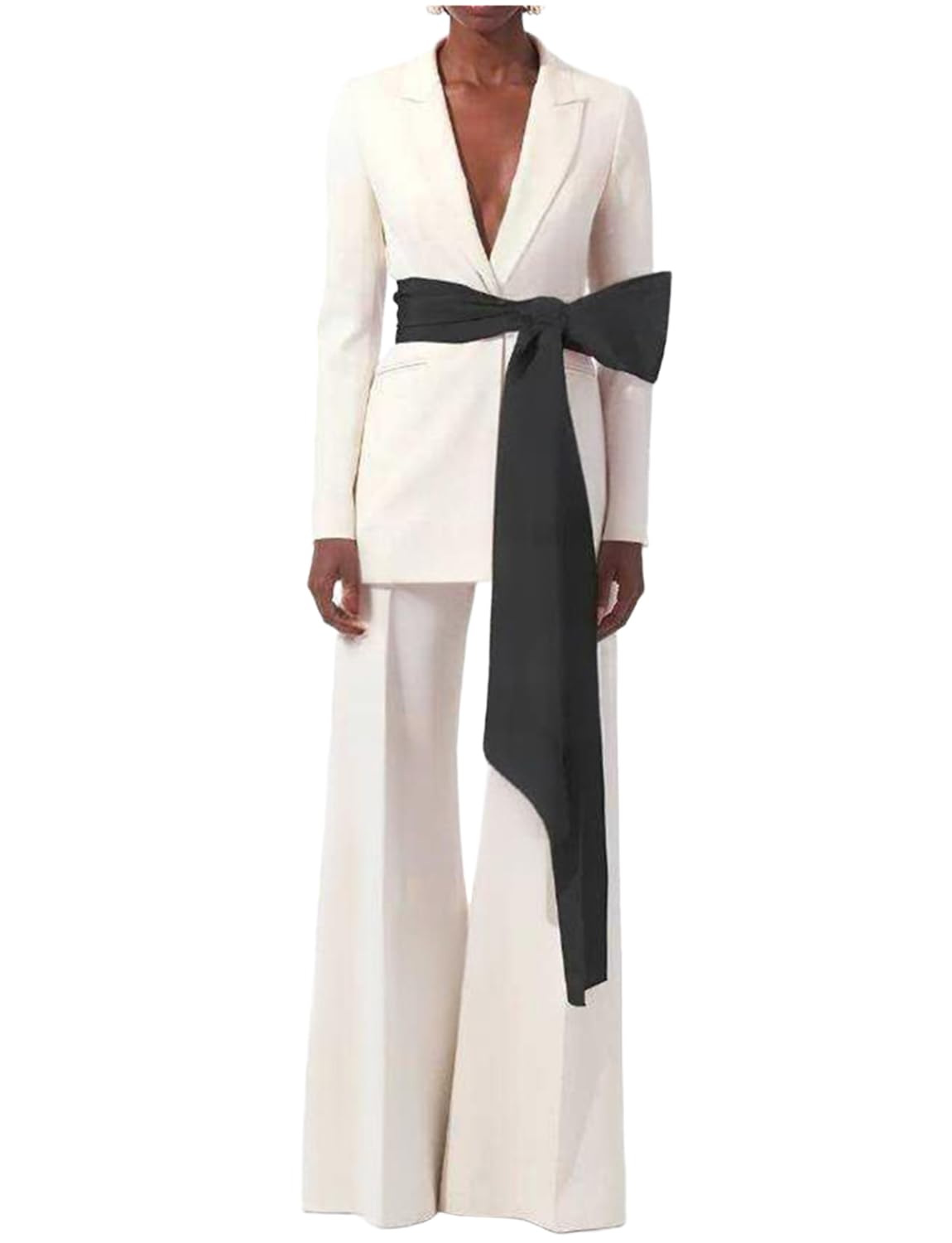 Womens Two Pieces Suit Casual Dinner Jacket Pants Peak Lapel Tuxedos with Belt