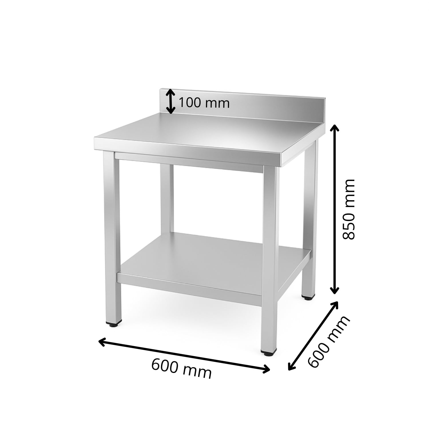 Générique Table INOX Professionnelle Adossée – 600 x 600 mm – Étagère Inférieure – Dosseret 100 mm – Capacité 150 kg – Montage Facile