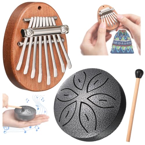 Maasechs 2 Pcs Mini Musical Instruments Mini Kalimba and Rain Drum with Drumstick 8 Keys Finger Thumb Piano and 6 Notes Steel Drum for Graduation Nurse Gift Adult Beginners(Silver)