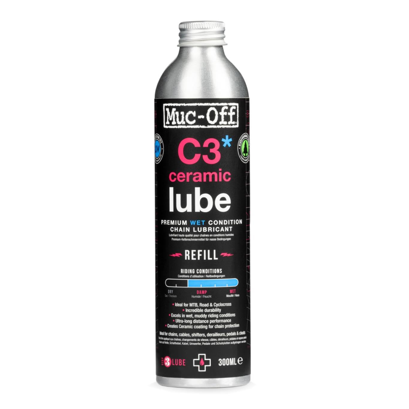 Muc-Off C3 Ceramic Wet Chain Lube Nass Kettenöl Fahrrad, 300 ml - Premium Schmierfett Kettenfett, Kettenspray Fahrrad, Mit UV-Tracer-Farbstoff - Für Nasse und Raue Wetterbedingungen