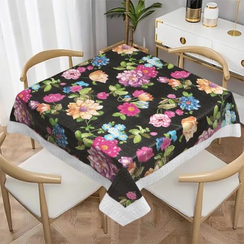 Image of Dakshya Industries PVC Waterproof Square Table Cover 48x48 Inch for 4 Seater Dining Table | Floral Printed Oilproof Stain Resistant Washable Plastic Table Cover, Black Flower