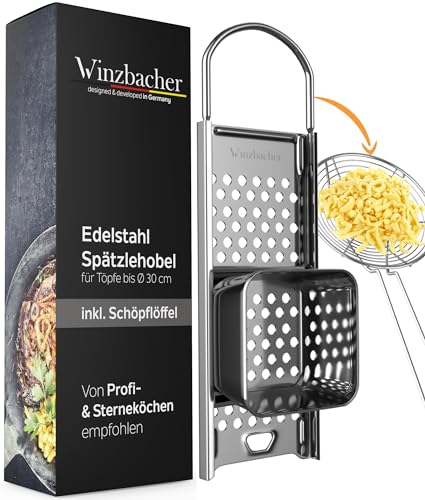 Winzbacher Edelstahl Spätzlehobel + Schöpflöffel [Topf Ø von 16-30cm] Spülmaschinenfest | Rostfrei | Spätzlereibe, Spätzlesieb, Spätzlepresse...