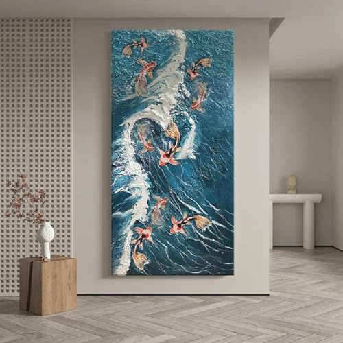 Peinture toile carpe saut Dragon pour habiller un grand mur vide de salon avec élégance