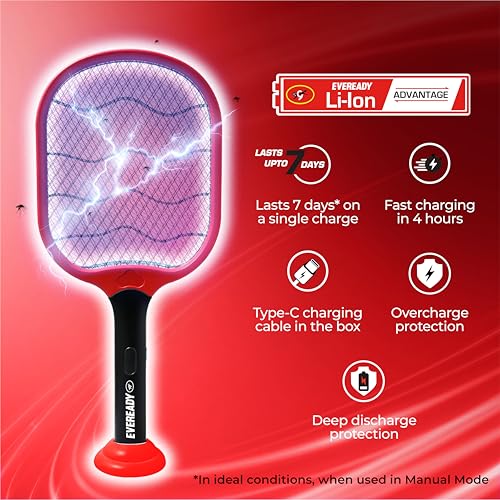Image of EVEREADY GIVE ME RED 2in1 Mosquito Racquet | Lithium Powered| 1200MAh|Fast Charging USB - C | UV LED Light and Stand | Made in India