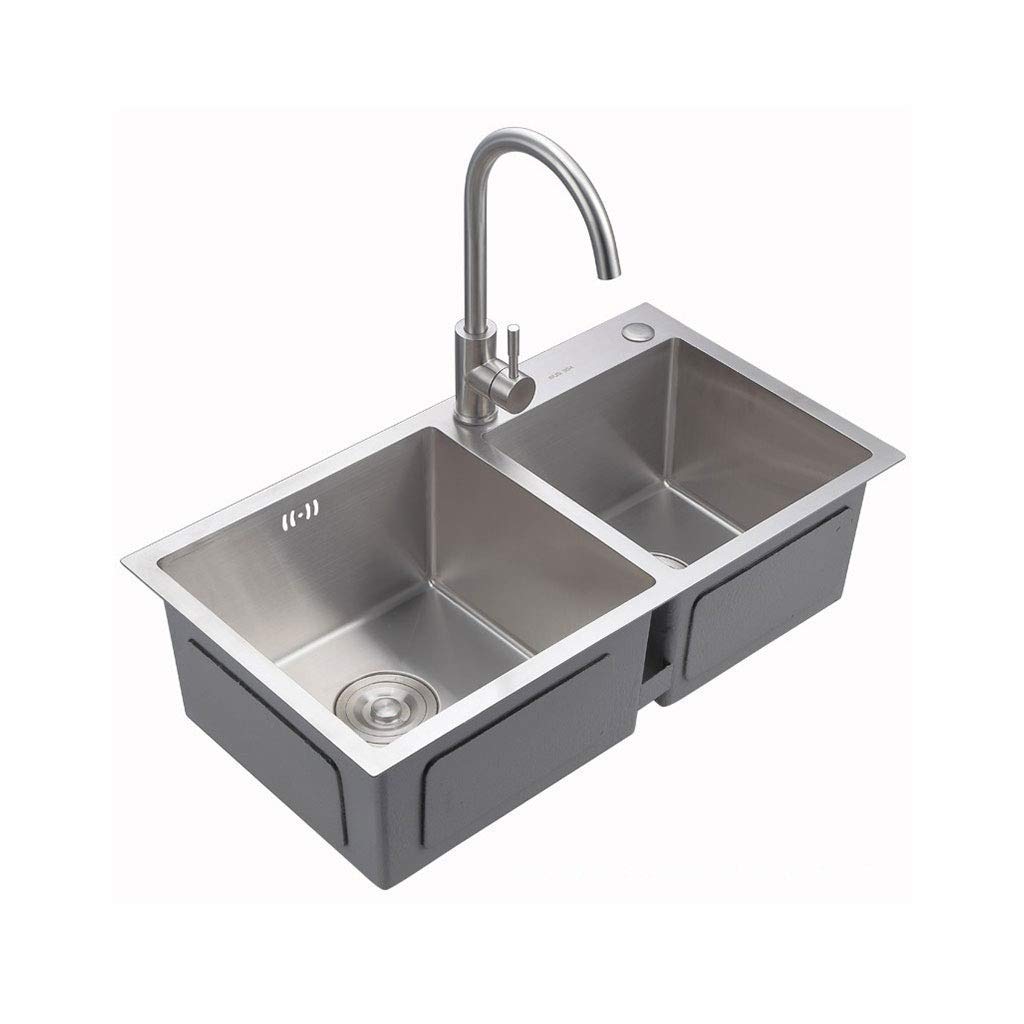 WDSOPK Basin 304 Stainless Steel Kitchen Sink Double Bowl 60/40, Top Mount Undermount Basin with Water Tap,