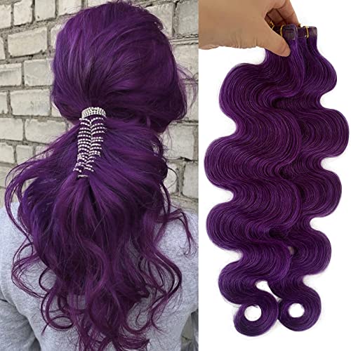 Wave Purple Hair Extensions Tape In Body Wave Human Hair Extensions For Women,18Inch Purple Remy Human Hair Extensions 40Grams 20Pcs Seamless Colored Extensions Tape Ins #TOP7