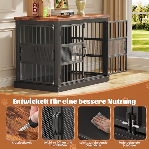 Hundekäfig Möbel, 104 cm Großer Hundebox für den Hausgebrauch, Modernes Indoor Holz-Hundekäfig, Doppel-Tür-Design, Bissfest, Geeignet für Kleine/Mittelgroße/Große Hunde, Schwarz, 104x51x78 cm