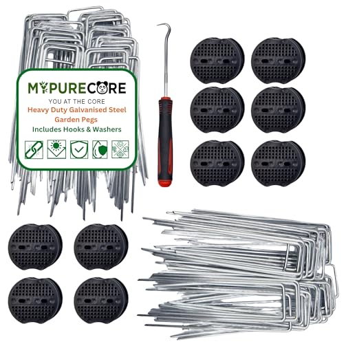 MYPURECORE Heavy Duty Galvanised Steel Garden Pegs - 50 Pack U-Shaped Ground Staples for Securing Weed Membrane, Artificial Grass, Fencing, Landscape Fabric and more | Includes Hooks & Washers