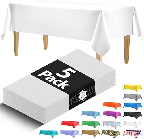 Paquete de 5 manteles de plástico blanco de alta calidad, manteles rectangulares desechables de plástico de 108 x 54 pulgadas, mantel rectangular