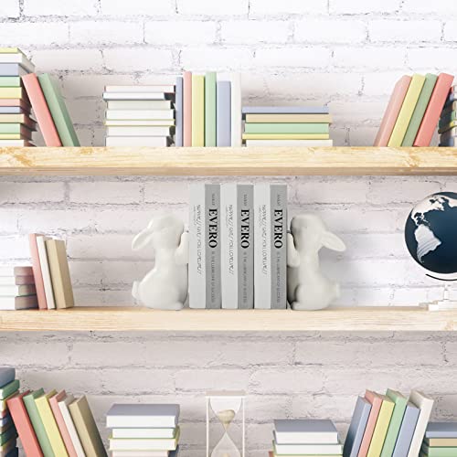 Bestalice 2 Pcs Rabbit Bookends, Bunny Book Ends For Shelves, Ceramic Animal Figurine Book Ends Stands Shelves Organizer, Heavy Duty Bookends To Hold Books, White Rabbit Home Decor #TOP6