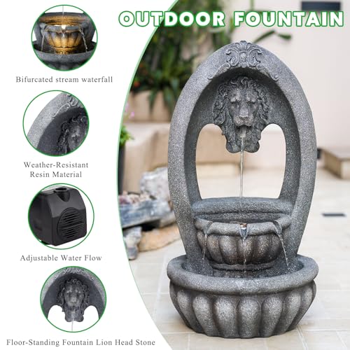 Image of Lion Head 2-Tier Outdoor Water Fountain, Resin & LED, 31.1 in
