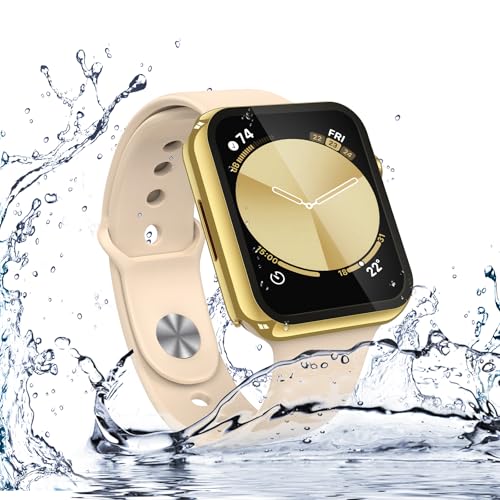 Image of Misxi [2 Pack] Waterproof Hard Case with Tempered Glass Compatible with Apple Watch SE 3 (2025) SE 2 SE Series 6 Series 5 Series 4 44mm, Cover for iWatch Screen Protector, 1 Gold + 1 Transparent