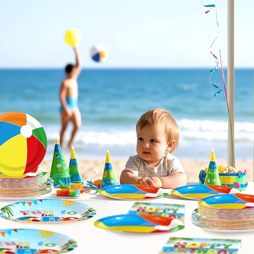 Image of Greencian 96Pcs Beach Ball 1st Birthday Summer Party Decorations, Serves 24 | Summer Beach Ball 1st Birthday Plates and Napkins Fun to Be One Tableware Set for Baby Shower Luau Pool Party Supplies