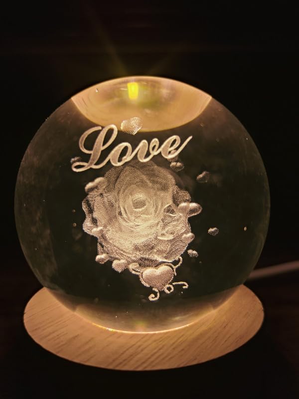 Dhanuom 3D Galaxy Crystal Ball Night Lamp, USB Table Colorful LED Wooden Crystal Ball for Home Decoration Birthday Gift for Teens Boys and Girls(1 PCS) (Love Rose Flower) 1