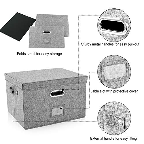 Decosis File Storage Organizer Box with Lid for Office, Collapsible Linen Organization with Hanging Folder for Home, Document Storage with Handles for School, Grey