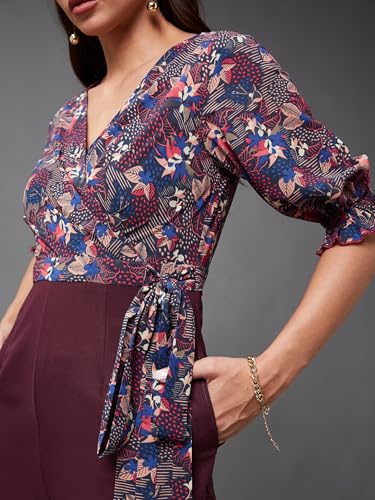 Image of Miss Chase Women's V-Neck Half Sleeve Tropical Wrap-Styled Jumpsuit