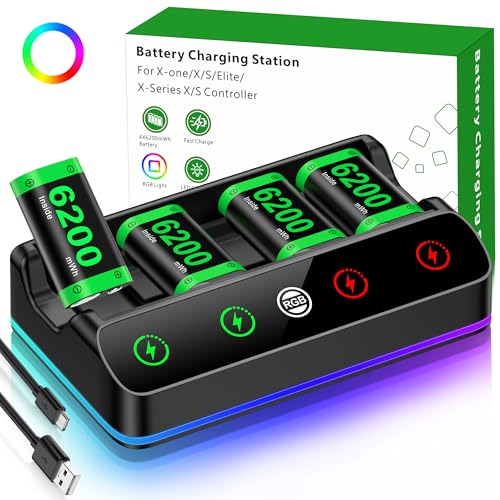 Chargeur avec 4 batteries rechargeables de 6200 mWh pour manette Xbox One/Series X|S, Xbox One Series avec station de charge pour manettes XboxOne/S/X/Elite