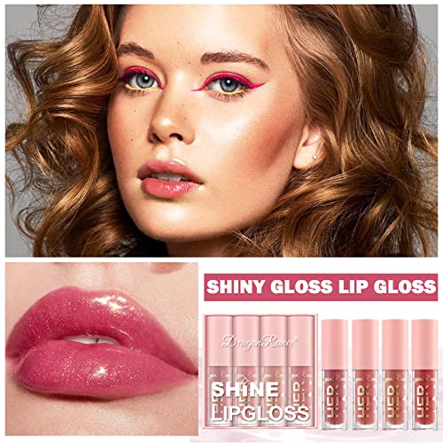 4Pcs Shimmer Lip Gloss Set Plumping Liquid Nude Lipstick Set Moisturizing Lip Stain Long Lasting Waterproof Non-Stick Cup Not-Fade Shiny Lip Gloss Set For Women Glitter Lip Makeup Kit - Set A #TOP1
