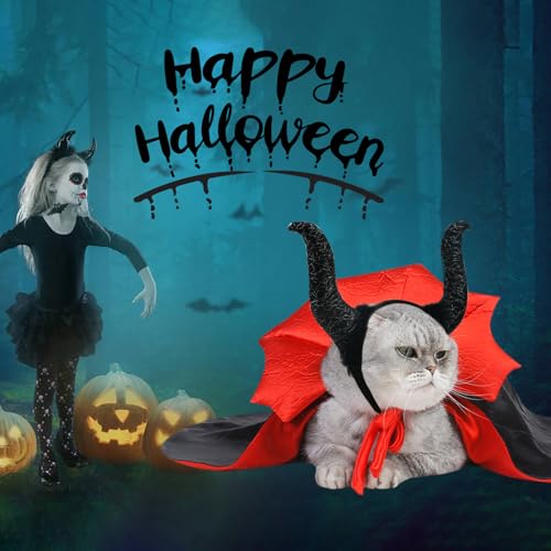 2 Stück Haustier Halloween-Kostüm Set Katze Hexe Vampir Cape Teufel Hörner Hut Urlaub Kleidung für Katze Welpe Halloween Party Haustier Outfits M
