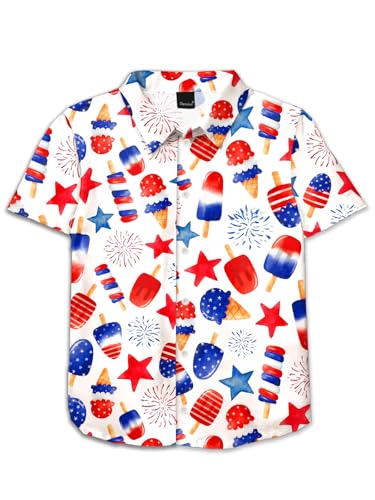 Image of Remimi Unisex Kids 4th of July Button Up Shirt Boys American Flag Print Hawaiian Beach Short Sleeve Tops 5-14 Years