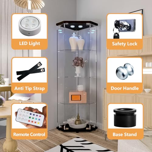 Image of Beauty4U Corner Glass Display Cabinet with LED, 4-Shelf Black Curio Cabinet