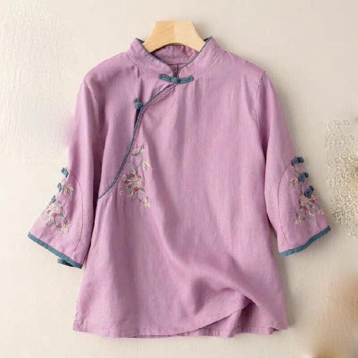 Women's Chinese Style Retro Cotton Linen Blouse Spring Summer Collar Frog Button Embroidered Tea Outfit Top